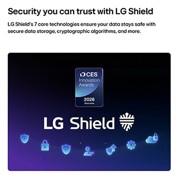 LG Shield, applied to LG QNED evo AI QNED85, is shown with an LG Shield logo at the center, security icons below, and a 2026 CES Innovation Awards Honoree badge above, representing data and system protection.