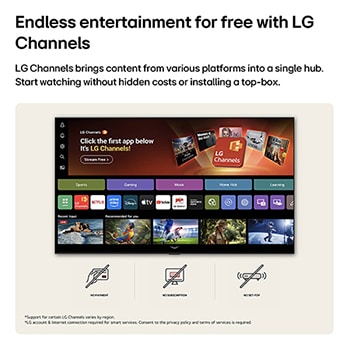 LG NANO 4K UHD AI NU85 home screen navigates into the LG Channels interface, with free live TV channels, movies, and exclusive content. It highlights direct access to hundreds of entertainment options with no payment, no subscription, and no set-top box required.
