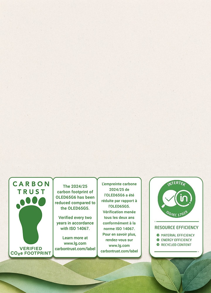 LG OLED evo AI G6 with carbon footprint reduction verified by the Carbon Trust and resource efficiency certified by Intertek, shown with certification badges emphasizing reduced environmental impact across materials and energy.
