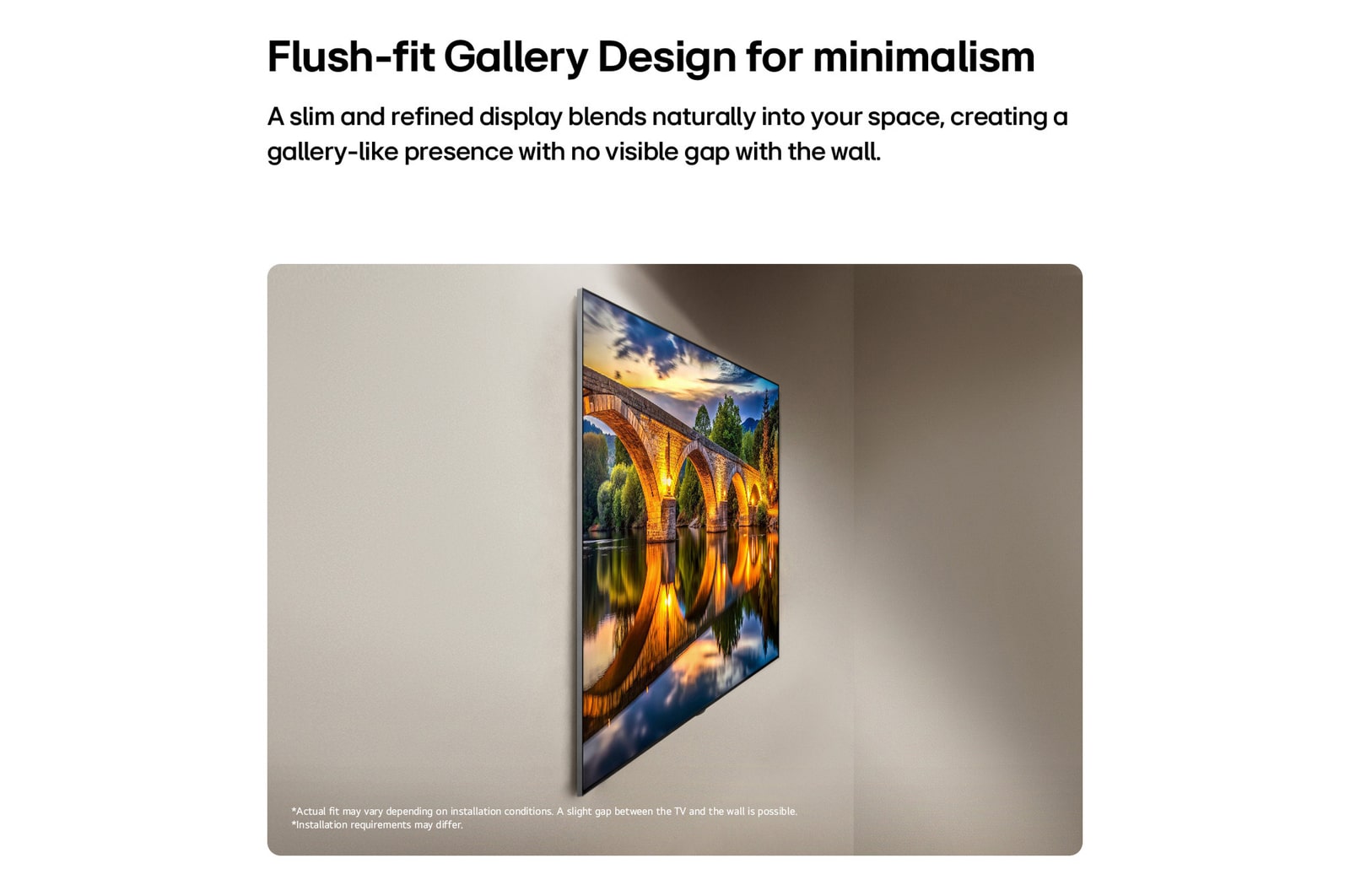 LG OLED evo AI G6, shown from the side, highlights its Flush Fit Gallery Design with a zero-gap wall-mounted installation, displaying a night scene of a lit bridge with reflections on water.