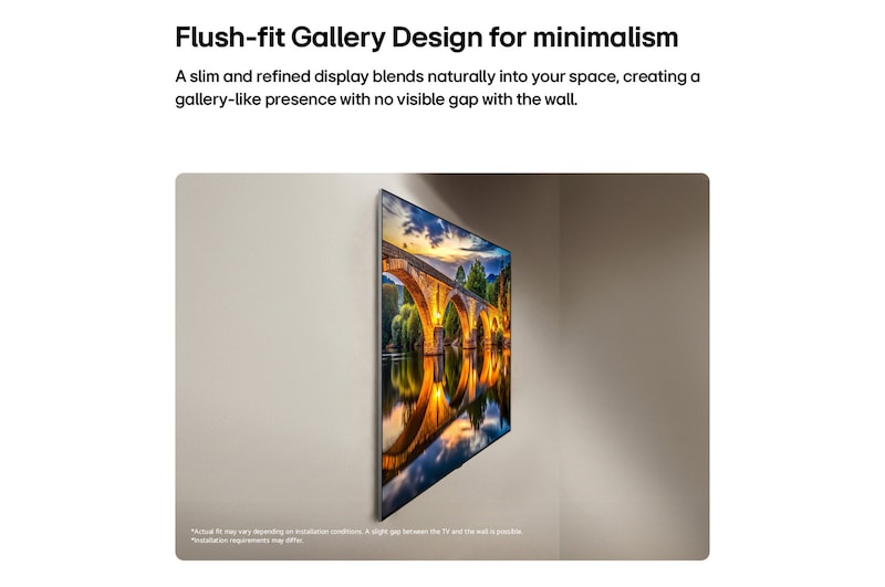 LG OLED evo AI G6, shown from the side, highlights its Flush Fit Gallery Design with a zero-gap wall-mounted installation, displaying a night scene of a lit bridge with reflections on water.