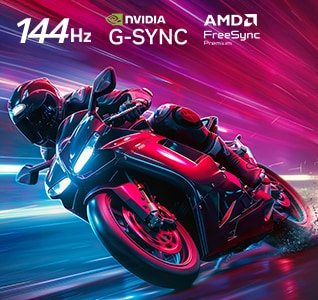 LG OLED AI B6 for unbeatable gameplay in 4K 144Hz shows a high-speed motorcycle racing game in motion, with NVIDIA G-SYNC and AMD FreeSync Premium logos displayed at the top.