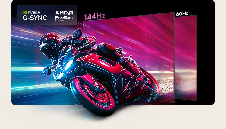 LG OLED AI B6 compares 144Hz vs 60Hz in a motorcycle racing game, showing the 144Hz panel as ultra-smooth and tear-free. NVIDIA G-SYNC and AMD FreeSync Premium logos appear at top left.