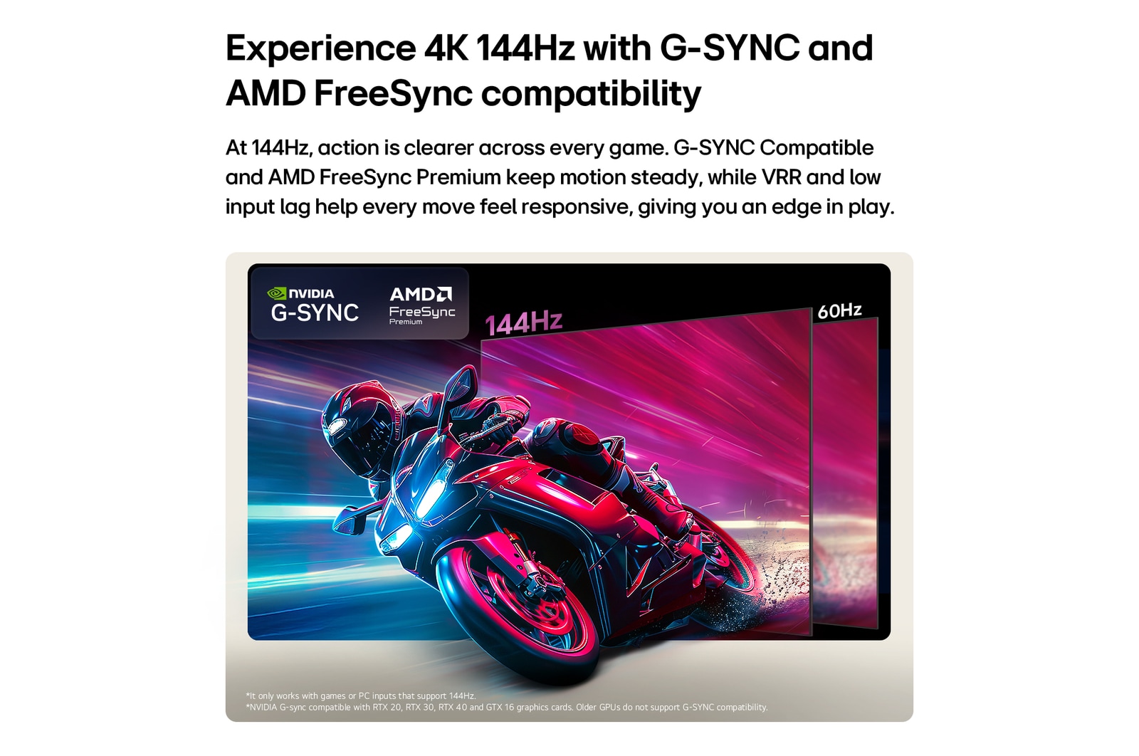 LG OLED AI B6 compares 144Hz vs 60Hz in a motorcycle racing game, showing the 144Hz panel as ultra-smooth and tear-free. NVIDIA G-SYNC and AMD FreeSync Premium logos appear at top left.