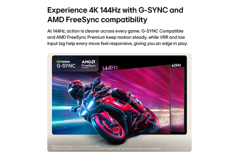 LG OLED AI B6 compares 144Hz vs 60Hz in a motorcycle racing game, showing the 144Hz panel as ultra-smooth and tear-free. NVIDIA G-SYNC and AMD FreeSync Premium logos appear at top left.
