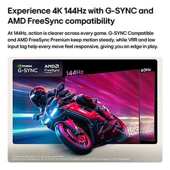 LG OLED AI B6 compares 144Hz vs 60Hz in a motorcycle racing game, showing the 144Hz panel as ultra-smooth and tear-free. NVIDIA G-SYNC and AMD FreeSync Premium logos appear at top left.
