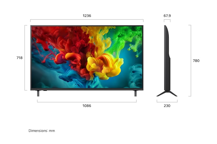 LG QNED evo AI QNED84 Mini LED shown in front and side views highlights a 55-inch display with a 1236 mm-wide screen, 718 mm screen height, 780 mm height with stand, a 67.9 mm profile depth, and a stand footprint measuring 1086 by 230 mm.