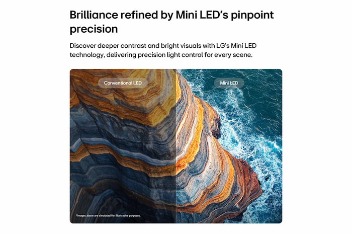 LG QNED evo AI QNED84 Mini LED highlights how its Mini LED reveals sharper rock textures and clearer ocean detail than conventional LED in a split coastal cliff scene, delivering deeper blacks and more refined contrast for greater clarity and depth.