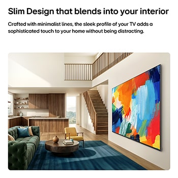 LG QNED evo AI QNED84 Mini LED with a Slim Design is wall-mounted in a bright, open living space, featuring a sleek profile that blends seamlessly into the interior while displaying a bold, colorful abstract artwork.