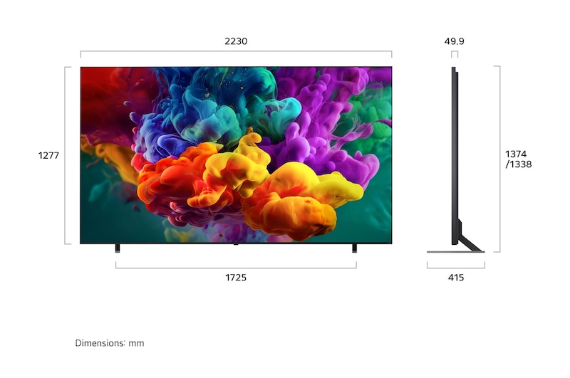 LG QNED evo AI QNED85 Mini LED shown in front and side views highlights a 100-inch display with a 2230 mm-wide screen, 1277 mm screen height, 1374/1338 mm height with stand, a 49.9 mm profile depth, and a stand footprint measuring 1725 by 415 mm.