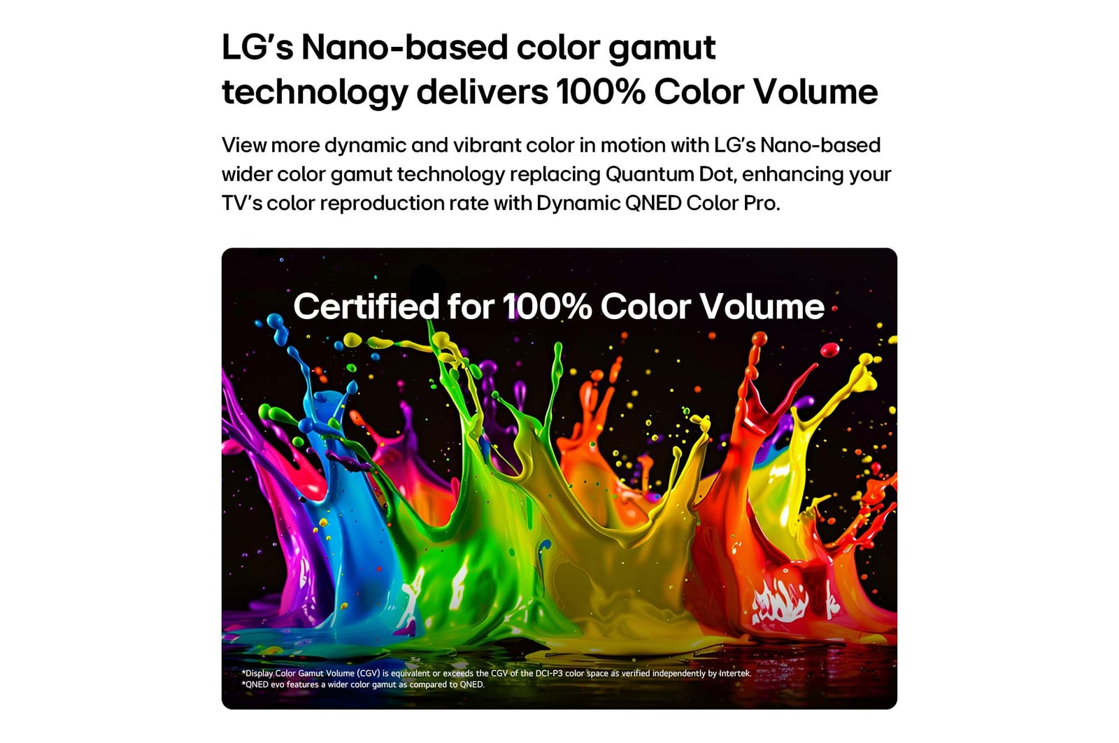 LG QNED evo AI QNED85 Mini LED with Dynamic QNED Color Pro fills the screen with vivid, fluid bursts of multicolored, paint-like motion, showcasing enhanced color vibrancy certified for 100% Color Volume.