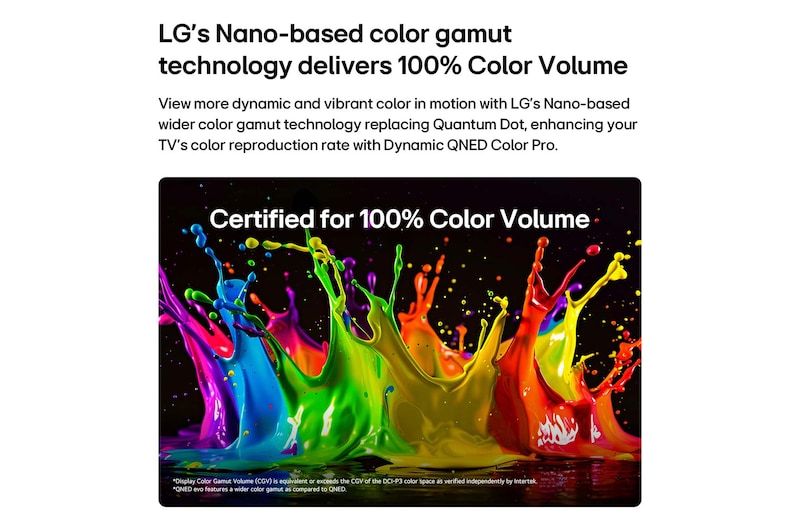 LG QNED evo AI QNED85 Mini LED with Dynamic QNED Color Pro fills the screen with vivid, fluid bursts of multicolored, paint-like motion, showcasing enhanced color vibrancy certified for 100% Color Volume.