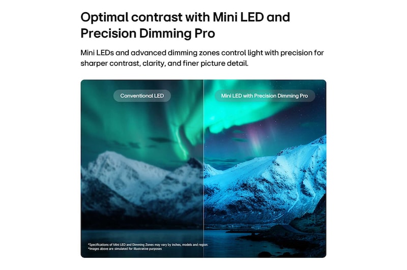 LG QNED evo AI QNED85 Mini LED highlights Mini LED with Precision Dimming Pro through a split aurora-lit glacier mountain scene, comparing conventional LED with deeper blacks and refined contrast to achieve greater precision and clarity.