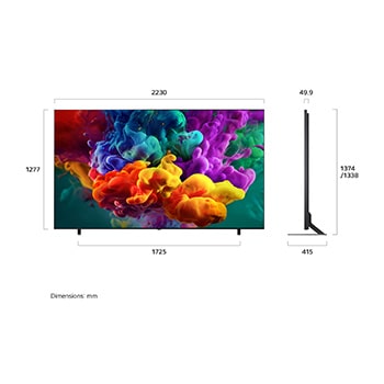 LG QNED evo AI QNED85 Mini LED shown in front and side views highlights a 100-inch display with a 2230 mm-wide screen, 1277 mm screen height, 1374/1338 mm height with stand, a 49.9 mm profile depth, and a stand footprint measuring 1725 by 415 mm.