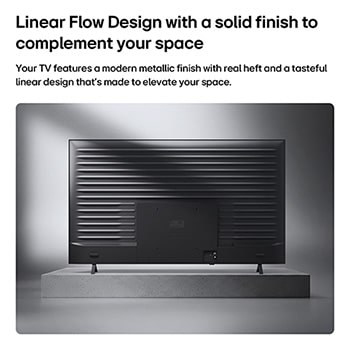 'LG QNED evo AI Mini LED QNED8M is shown from the back, revealing a metallic rear panel with evenly spaced horizontal ridges that create a clean, structured look and emphasize the Linear Flow Design across the entire surface.