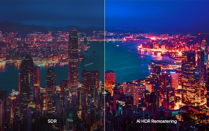 LG TV with AI HDR Remastering is shown in a split cityscape comparison, with SDR on the left and AI HDR Remastering on the right, displaying brighter city lights, deeper contrast, and more vivid detail across the scene.
