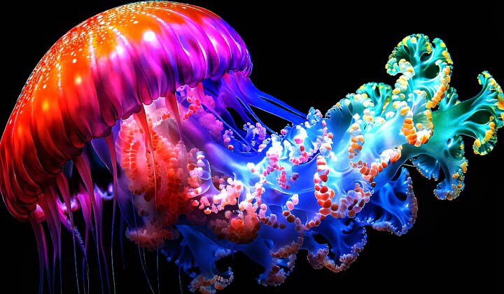 LG Micro RGB evo AI MRGB95, powered by RGB Primary Color Ultra with certified Triple 100% Color Coverage, showcases its revolutionary color expression by displaying a vividly colorful jellyfish with rich and bright colors and refined contrast.