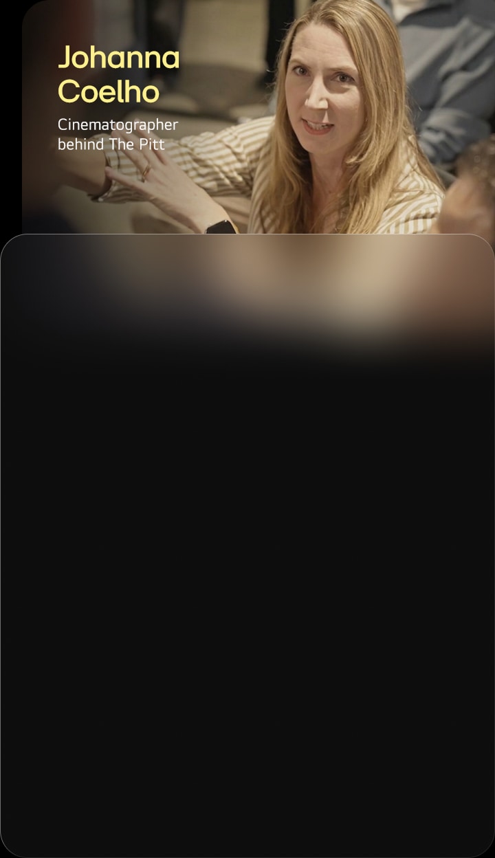LG OLED evo TV features an interview card introducing Johanna Coelho, Cinematographer behind The Pitt, highlighting why filmmakers choose LG OLED evo and linking to the full interview video.