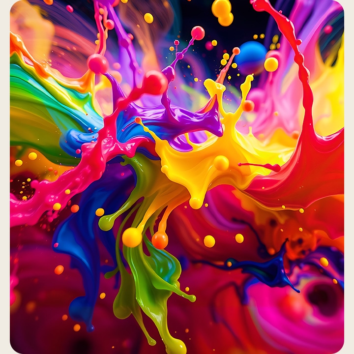 LG QNED evo AI Mini LED with Dynamic QNED Color Pro showcases a vivid explosion of multicolored paint splashes, where reds, blues, yellows, and greens burst across the screen to demonstrate rich 100% color volume and vibrant detail.