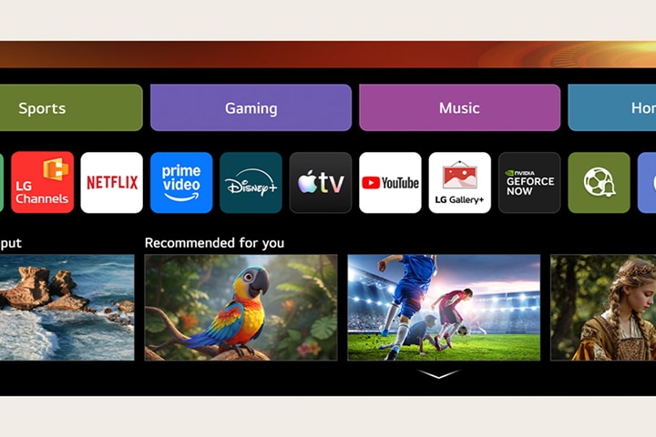 LG QNED evo AI Mini LED home screen transitions into the LG Channels interface, showcasing free live TV channels, movies, and exclusive content while highlighting direct access to hundreds of streaming entertainment options.