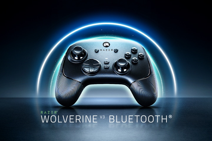 LG QNED evo AI Mini LED with World’s First BT Ultra Low Latency shows a wireless game controller labeled “Razer Wolverine V3 Bluetooth” on screen, indicating optimized Bluetooth controller support for responsive gameplay.