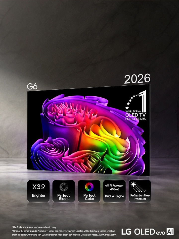 Das LG OLED evo AI G6, powered by Hyper Radiant Color Tech, zeigt ein lebendiges abstraktes Papierkunstbild auf dem Bildschirm mit Symbolen für 3,9-mal hellere Spitzenhelligkeit, perfektes Schwarz, perfekte Farbe, alpha 11 AI Processor 4K Gen3 Dual AI Engine und Reflection Free Premium.