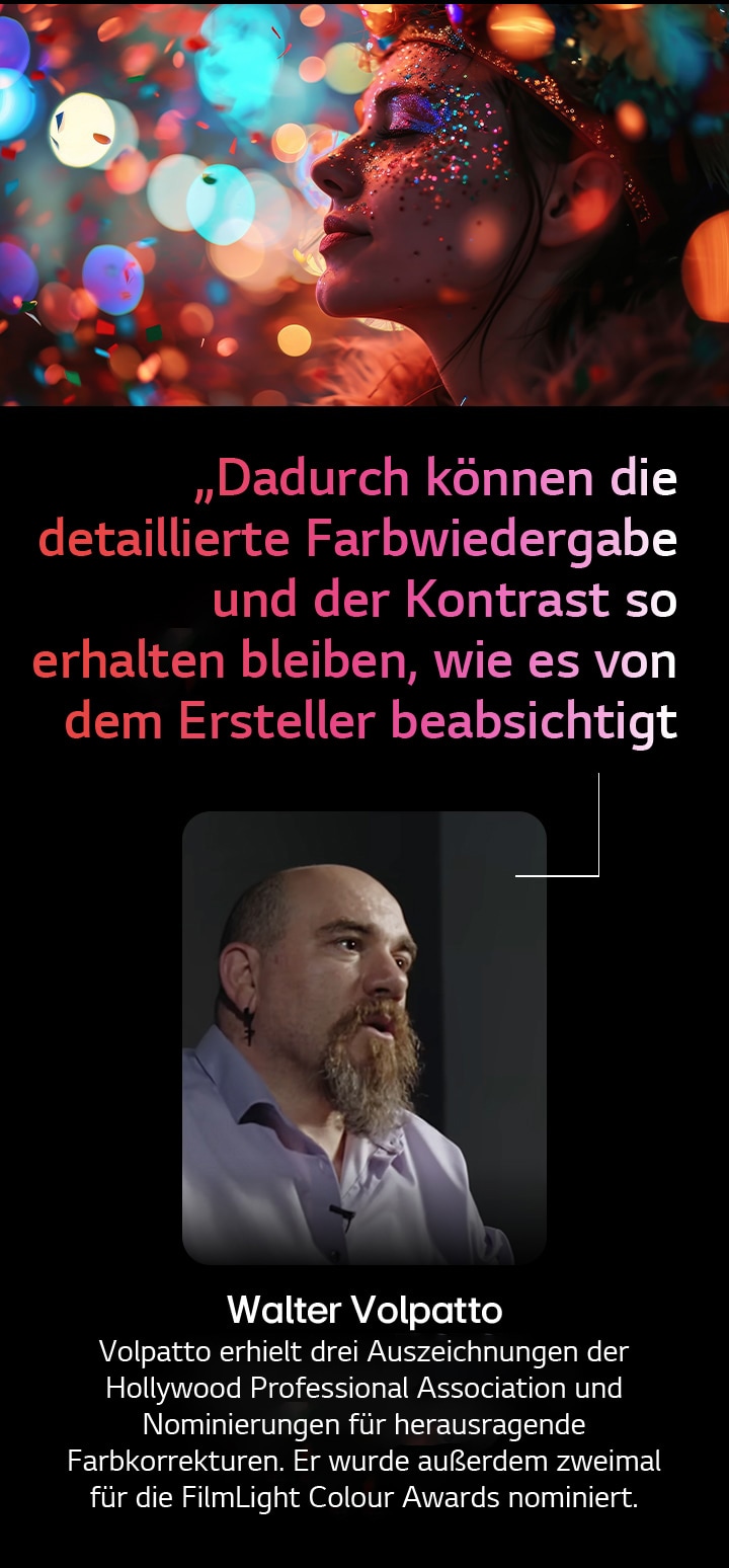 Menschliches Motiv vor farbenfrohem Hintergrund mit Bokeh. Ein Zitat von Walter Valpatto, einem bekannten Filmemacher, wird hervorgehoben, in dem er über AI Director Processing spricht. Dadurch können detaillierte Farbwiedergabe und Kontrast so erhalten bleiben, wie es der Schöpfer beabsichtigt hat.
