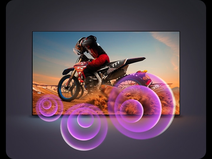 Der LG OLED TV zeigt einen Mann auf einem Motorrad, aus dessen Rad abstrakte violette Kreise kommen, um den Klang zu visualisieren.