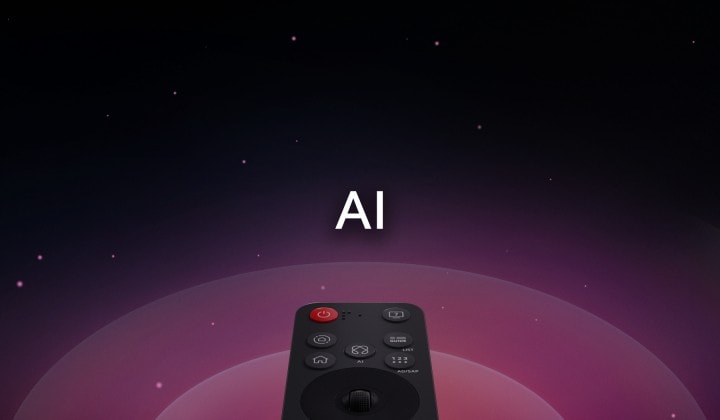 LG AI Magic Remote mit hervorgehobener KI-Schaltfläche. Es gibt eine grafische UI-Darstellung mit Symbolen, die zeigt, wie die KI-Schaltfläche den Zugang zu verschiedenen KI-Funktionen ermöglicht. Zu den Services gehören AI Voice ID, AI Search, AI Chatbot, AI Concierge, AI Picture Wizard und AI Sound Wizard. Die Funktionsweise wird dann gezeigt, indem der Cursor über einer Benutzeroberfläche erscheint und zeigt, wie die Fernbedienung wie eine Maus zum Zeigen und Klicken verwendet werden kann.