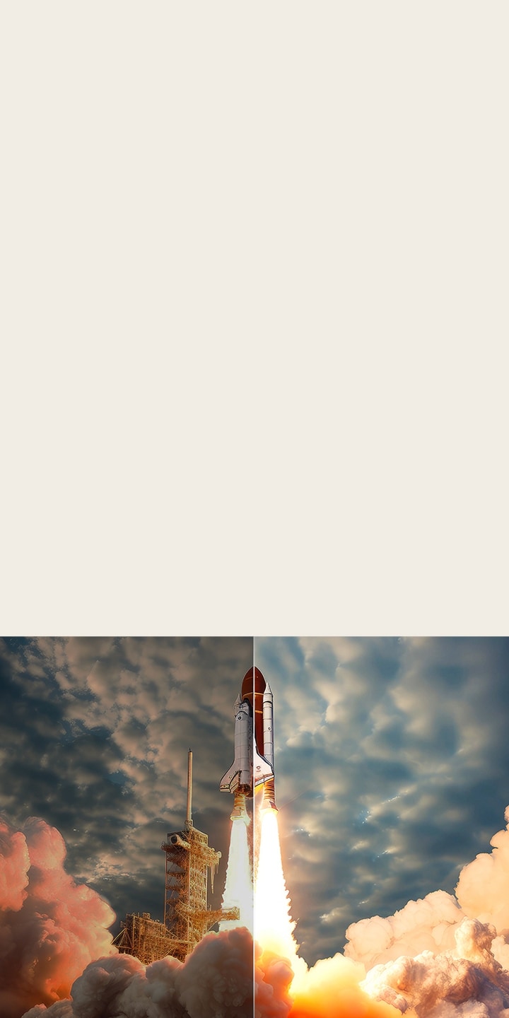 In zwei Hälften unterteilte Szene eines Spaceshuttle-Starts. Die eine Hälfte der Szene ist dank der LG-Algorithmen zur Verstärkung der Helligkeit hell und lebendig. Die andere Hälfte ist dunkel, verblasst und grau.