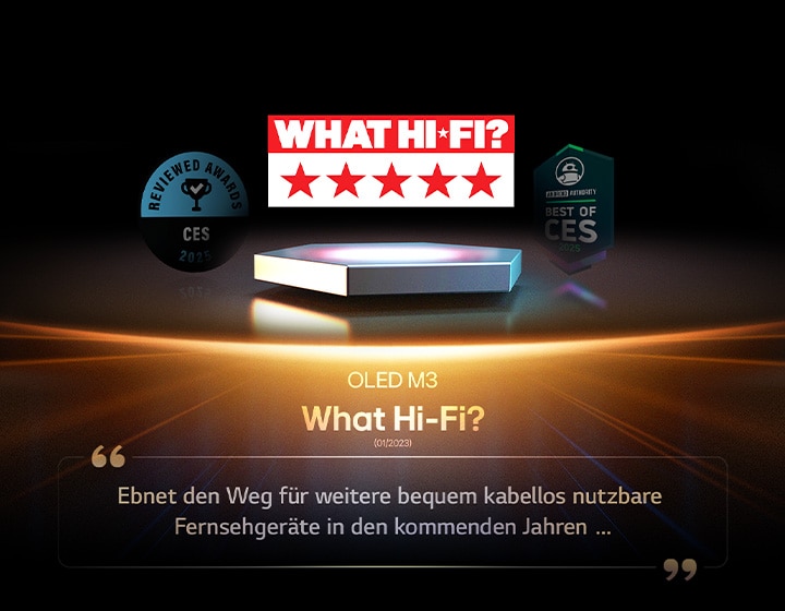 Auszeichnung für das OLED M3 von What Hi-Fi. Ein Auszug aus der Bewertung lautet: „ebnet den Weg für weitere bequem kabellos nutzbare Fernsehgeräte in den kommenden Jahren …“
