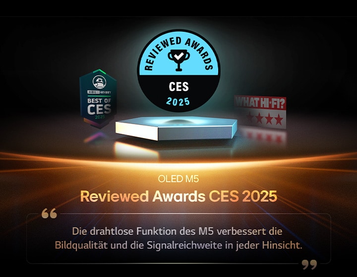 Auszeichnung für den OLED M5 von Reviewed. Ein Auszug aus der Bewertung lautet: „Die drahtlose Funktion des M5 verbessert die Bildqualität und die Signalreichweite in jeder Hinsicht.“