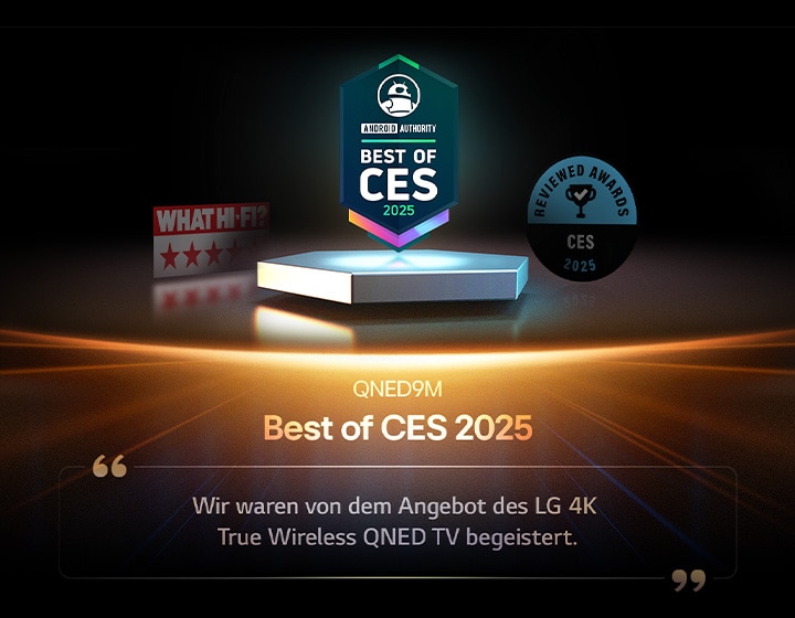 Auszeichnung des QNED9M von Android Authority. Zitat von Best of CES 2025. Ein Auszug aus der Bewertung lautet: „Wir sind vom Angebot des LG 4K True Wireless QNED TV begeistert.“