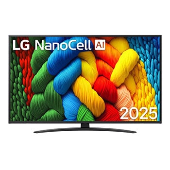 Vorderansicht des NanoCell TV, LG NanoCell Al-Logo in der oberen Ecke. LG NanoCell NANO80 TV zeigt farbenfrohe, malerische Texturen, die zusammenkommen.