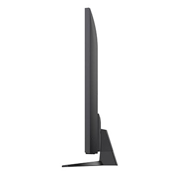 Frontansicht und Seitenansicht des LG NanoCell NANO80 AI 4K Smart TV mit den Abmessungen Länge, Breite, Höhe und Tiefe.