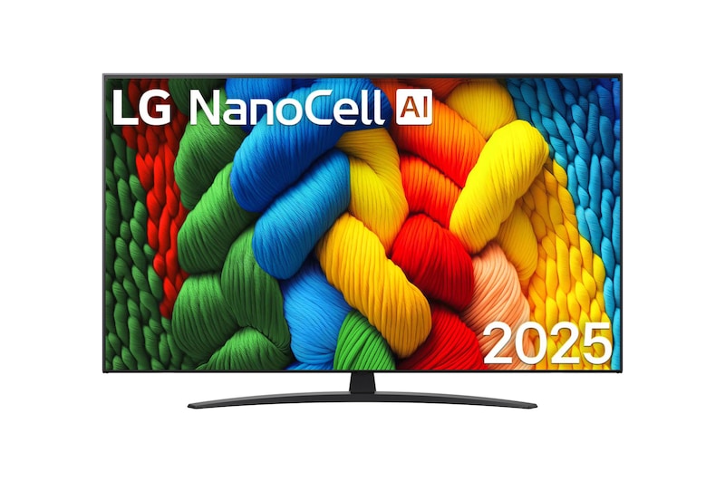 Vorderansicht des NanoCell TV, LG NanoCell Al-Logo in der oberen Ecke. LG NanoCell NANO80 TV zeigt farbenfrohe, malerische Texturen, die zusammenkommen.