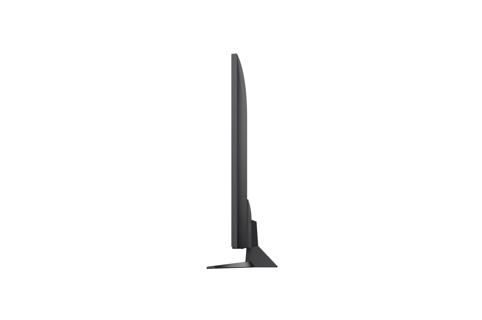 Frontansicht und Seitenansicht des LG NanoCell NANO80 AI 4K Smart TV mit den Abmessungen Länge, Breite, Höhe und Tiefe.