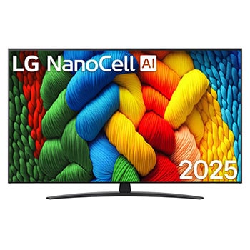 Vorderansicht des NanoCell TV, LG NanoCell Al-Logo in der oberen Ecke. LG NanoCell NANO80 TV zeigt farbenfrohe, malerische Texturen, die zusammenkommen.