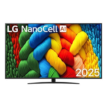 Vorderansicht des NanoCell TV, LG NanoCell Al-Logo in der oberen Ecke. LG NanoCell NANO80 TV zeigt farbenfrohe, malerische Texturen, die zusammenkommen.