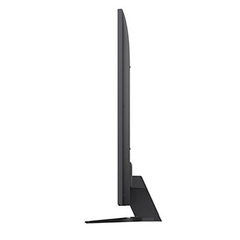 Frontansicht und Seitenansicht des LG NanoCell NANO80 AI 4K Smart TV mit den Abmessungen Länge, Breite, Höhe und Tiefe.