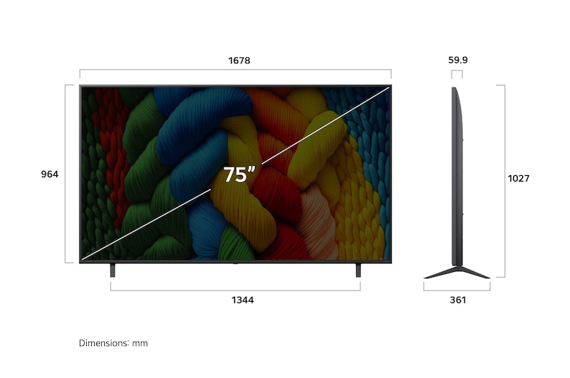 Frontansicht und Seitenansicht des LG NanoCell NANO80 AI 4K Smart TV mit den Abmessungen Länge, Breite, Höhe und Tiefe.