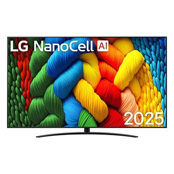 Vorderansicht des NanoCell TV, LG NanoCell Al-Logo in der oberen Ecke. LG NanoCell NANO80 TV zeigt farbenfrohe, malerische Texturen, die zusammenkommen.