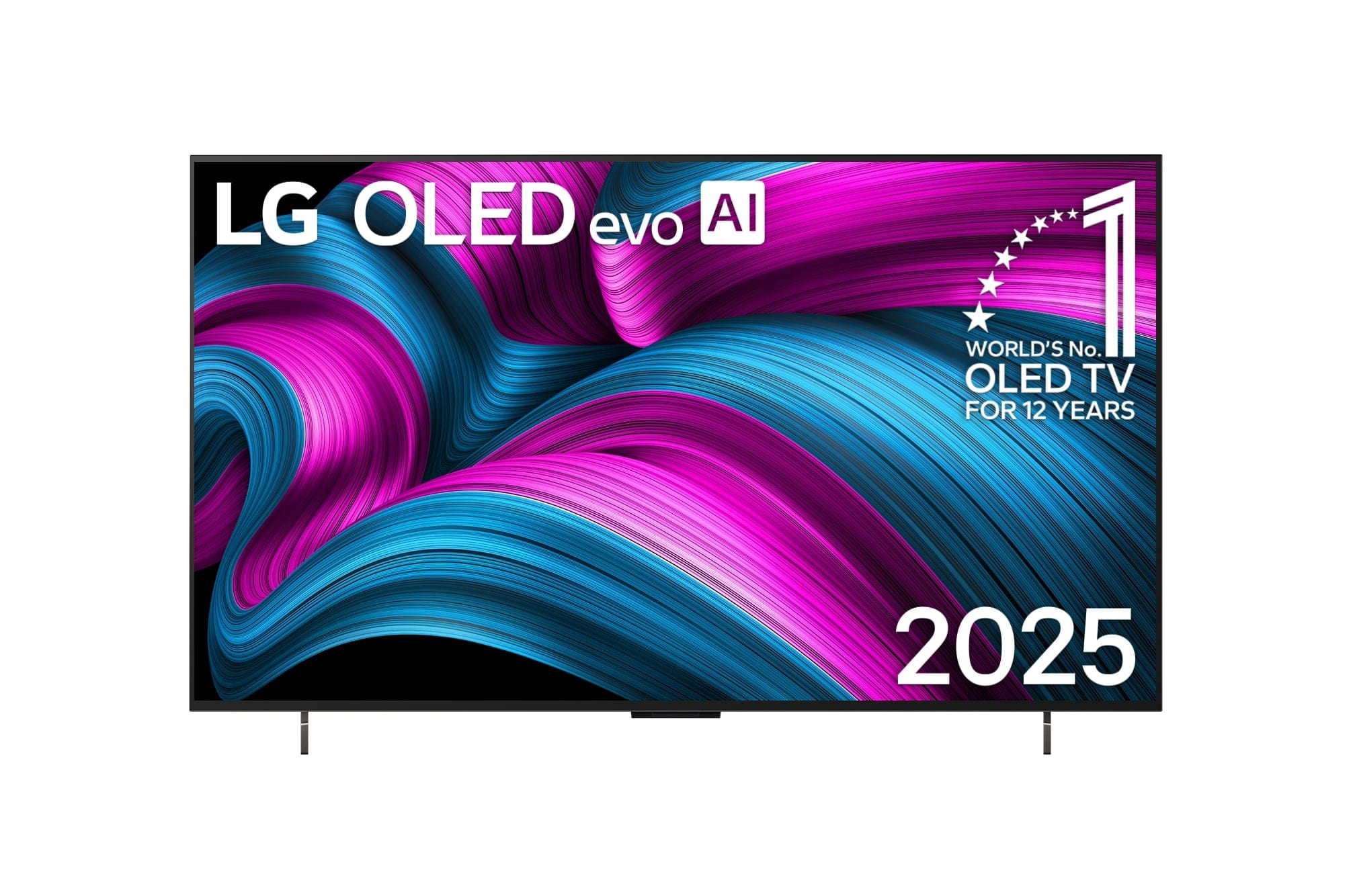 Frontansicht des LG OLED evo AI C5 4K Smart TV. Ein "12 Years of world number 1 OLED"-Emblem und das "LG OLED AI 2025"-Logo sind auf dem Bildschirm zu sehen.