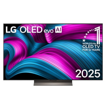 Frontansicht des LG OLED evo AI C5 4K Smart TV. Ein "12 Years of world number 1 OLED"-Emblem und das "LG OLED AI 2025"-Logo sind auf dem Bildschirm zu sehen.