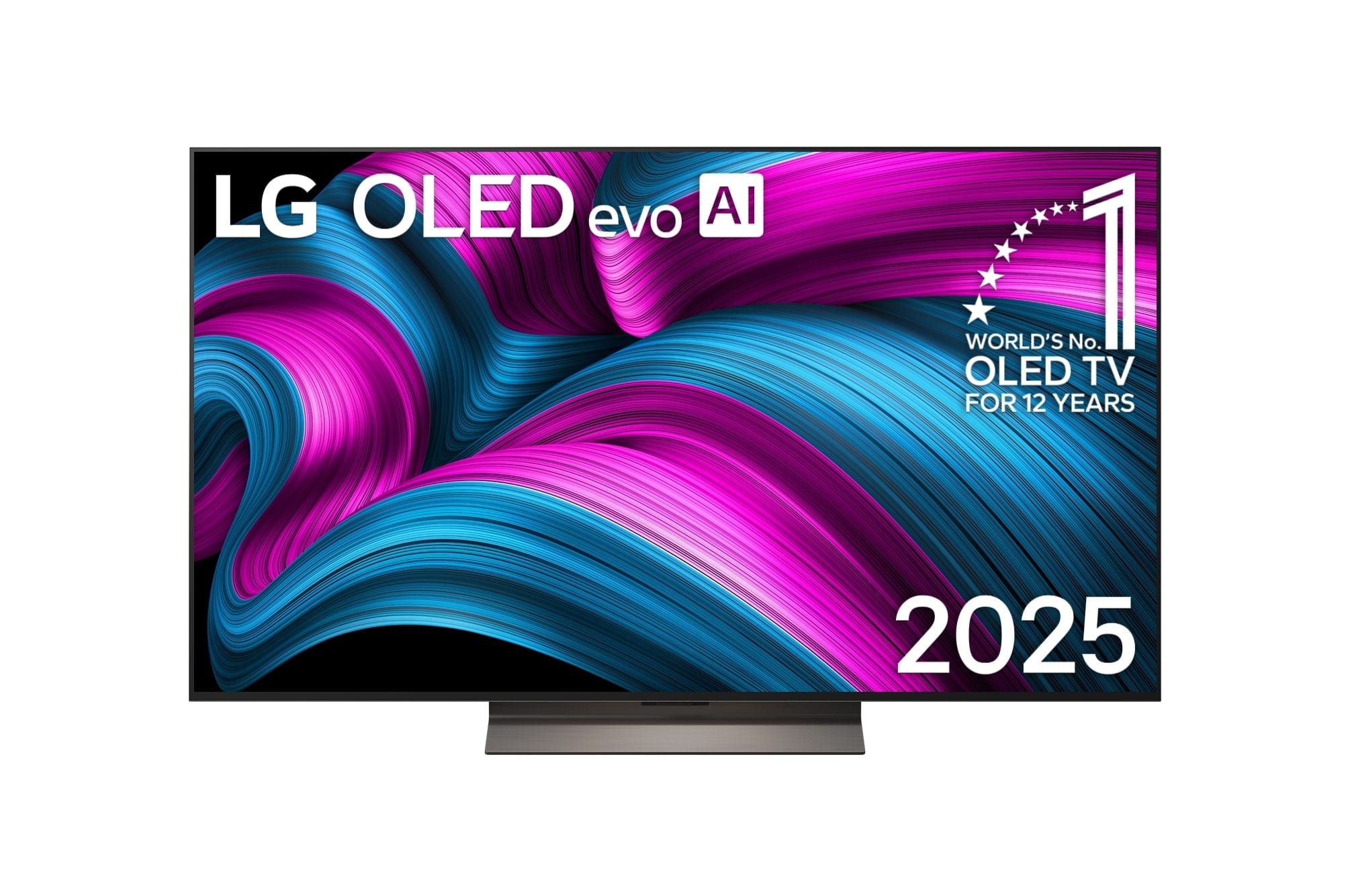 Frontansicht des LG OLED evo AI C5 4K Smart TV. Ein "12 Years of world number 1 OLED"-Emblem und das "LG OLED AI 2025"-Logo sind auf dem Bildschirm zu sehen.