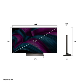 Frontansicht und Seitenansicht des LG OLED evo AI C5 4K Smart TV mit den Abmessungen der Länge, Breite, Höhe und Tiefe.