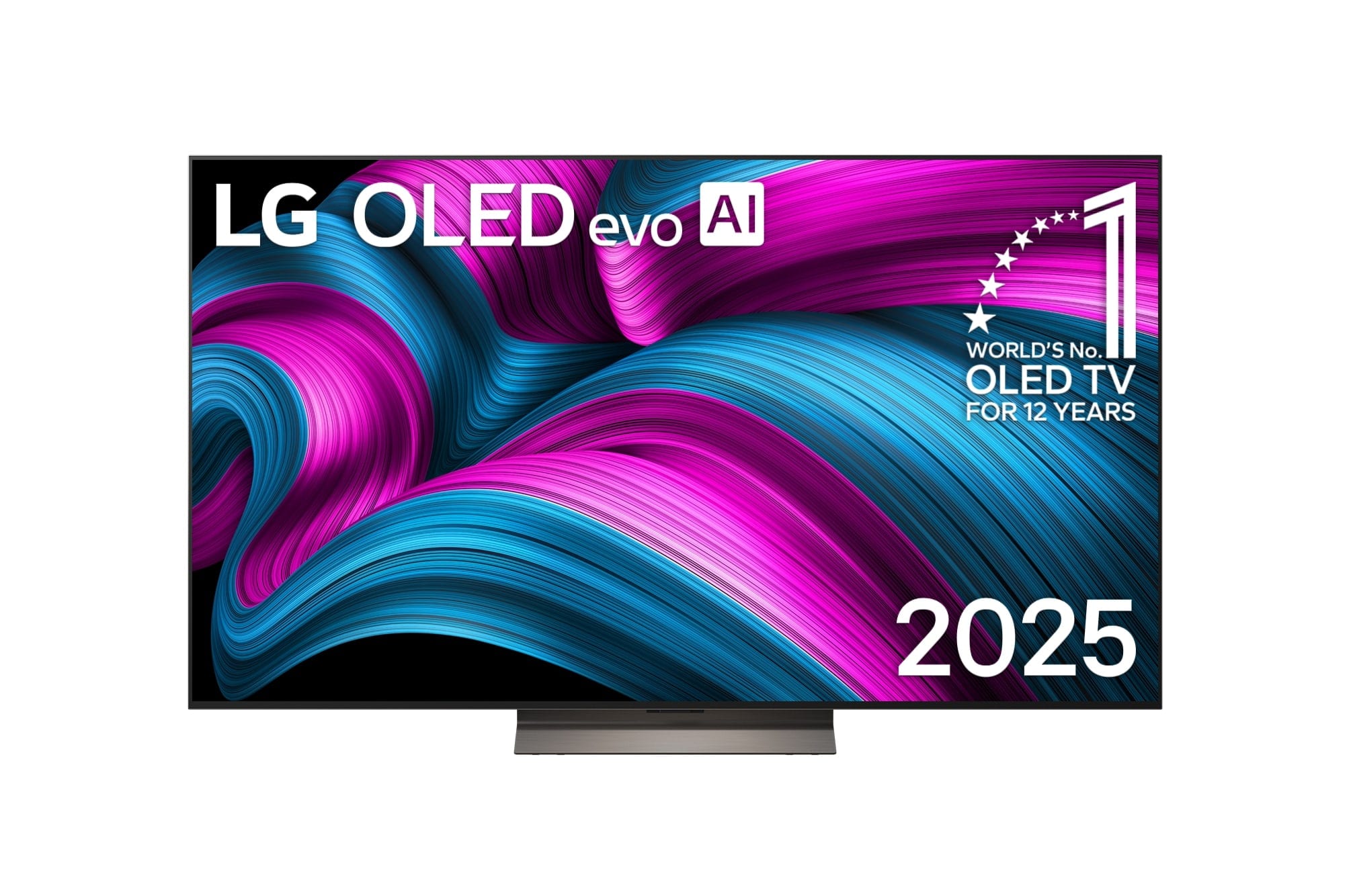 Frontansicht des LG OLED evo AI C5 4K Smart TV. Ein "12 Years of world number 1 OLED"-Emblem und das "LG OLED AI 2025"-Logo sind auf dem Bildschirm zu sehen.