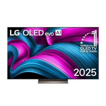 Frontansicht des LG OLED evo AI C5 4K Smart TV. Ein "12 Years of world number 1 OLED"-Emblem und das "LG OLED AI 2025"-Logo sind auf dem Bildschirm zu sehen.