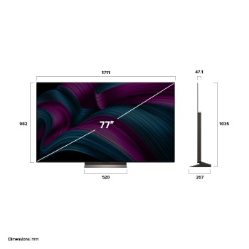 Frontansicht und Seitenansicht des LG OLED evo AI C5 4K Smart TV mit den Abmessungen der Länge, Breite, Höhe und Tiefe.