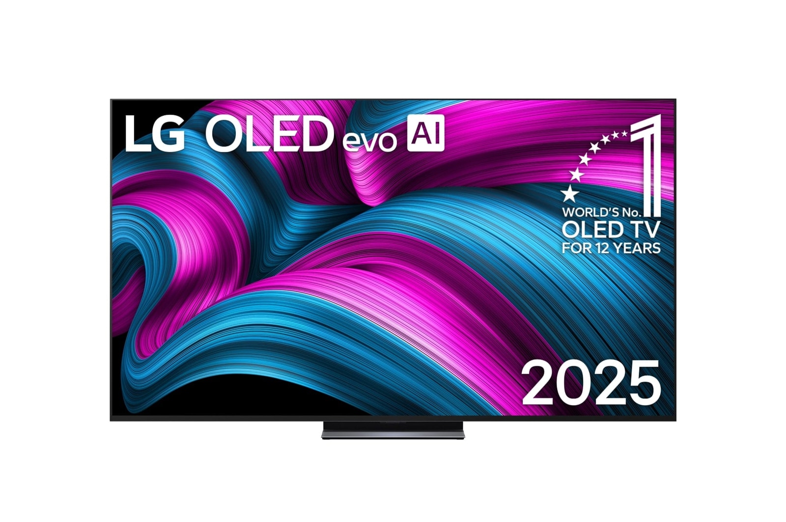 Frontansicht des LG OLED evo AI C5 4K Smart TV. Ein "12 Years of world number 1 OLED"-Emblem und das "LG OLED AI 2025"-Logo sind auf dem Bildschirm zu sehen.